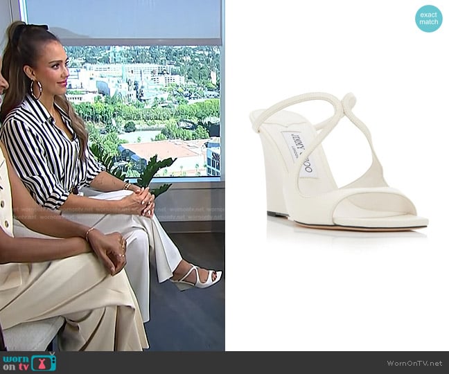 Jimmy Choo Anise Leather Wedge Sandals in White worn by Jessica Alba on E! News