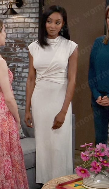 Jordan’s beige twist front midi dress on General Hospital