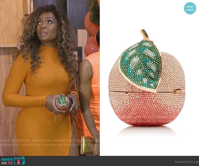 Judith Leiber Peach Crystal Embellished Clutch Bag worn by Marlo Hampton on The Real Housewives of Atlanta