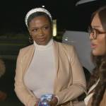 Kandi’s beige leather blazer and jogger pants on The Real Housewives of Atlanta