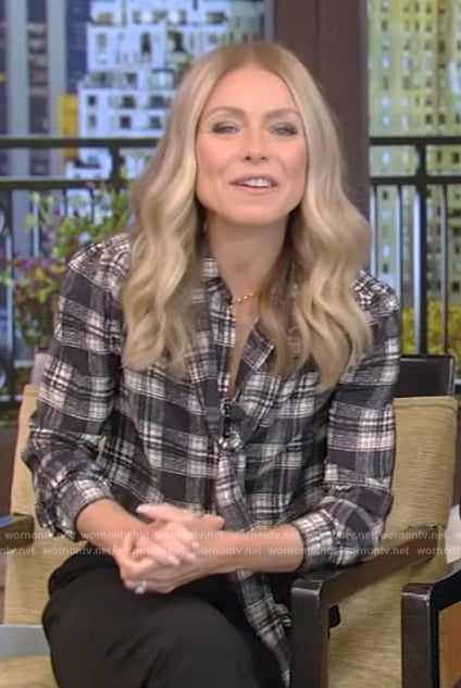 Kelly’s black plaid shirt on Live with Kelly and Mark