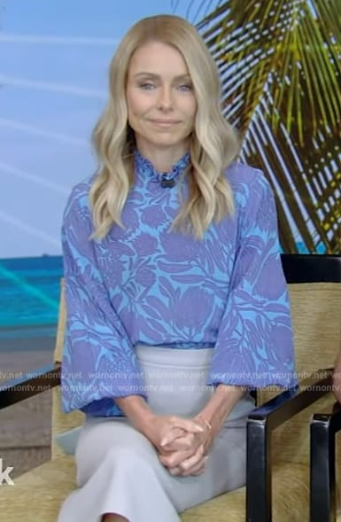 Kelly's blue floral print blouse on Live with Kelly and Mark