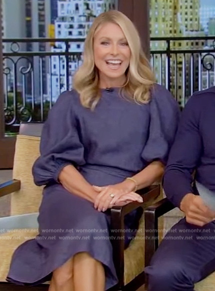 Kelly's blue balloon sleeve dress on Live with Kelly and Ryan