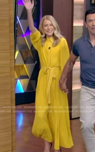 Kelly’s yellow tie waist shirtdress on Live with Kelly and Mark