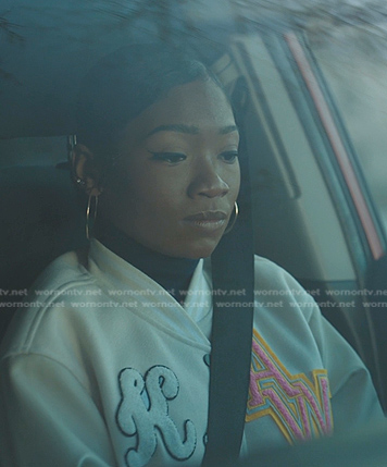 Kenya's white embroidered patch jacket on The Chi