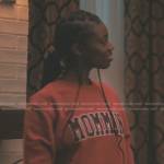 Kiesha’s red Mommin sweatshirt on The Chi