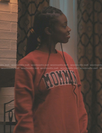 Kiesha's red Mommin sweatshirt on The Chi