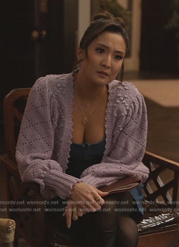 Kimber's lavender pointelle knit cardigan on Only Murders in the Building