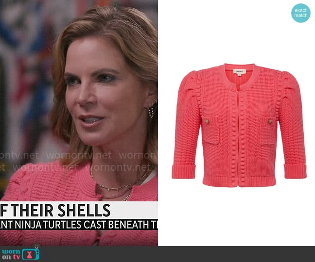 L'Agence Delilah Cardigan in Coral Rose worn by Natalie Morales on CBS Mornings