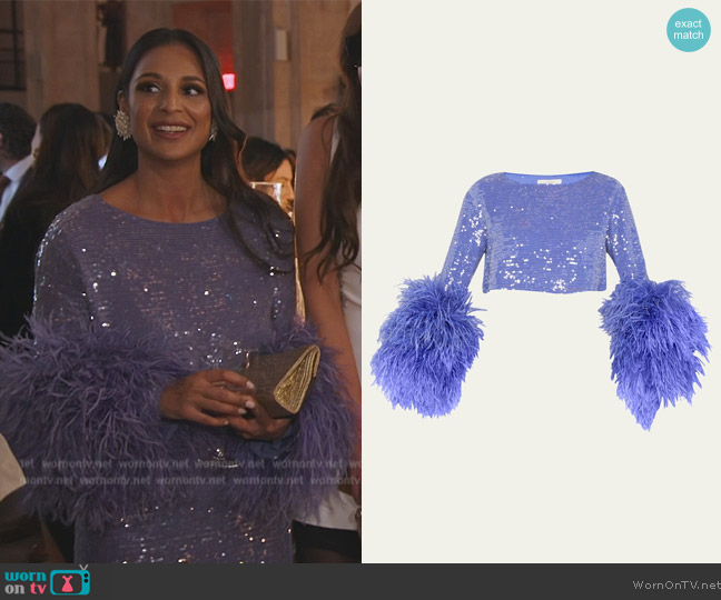 Lapointe Feather Trim Sequin Cropped Top worn by Jessel Taank on The Real Housewives of New York City