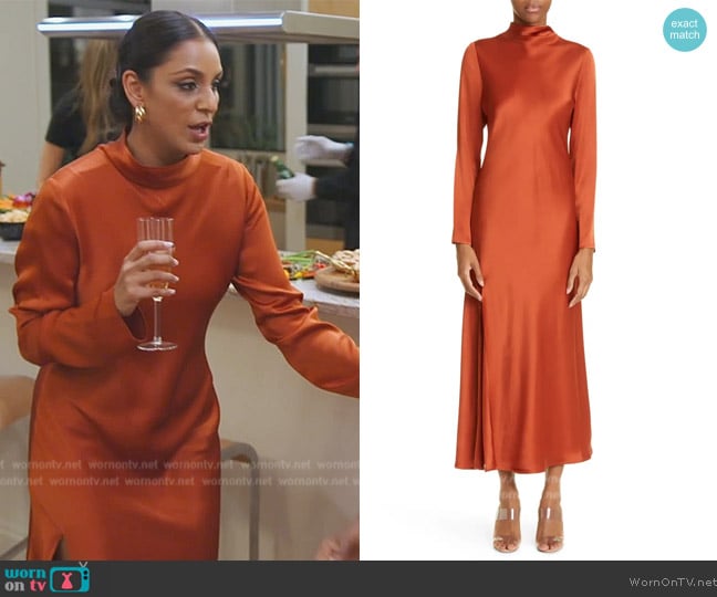 Lapointe Funnel Neck Long Sleeve Bias Cut Satin Dress worn by Jessel Taank on The Real Housewives of New York City