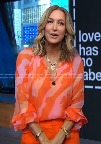 Lara's pink and orange printed blouse on Good Morning America