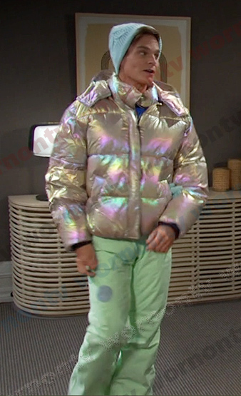 Leo's metallic down jacket and green pants on Days of our Lives
