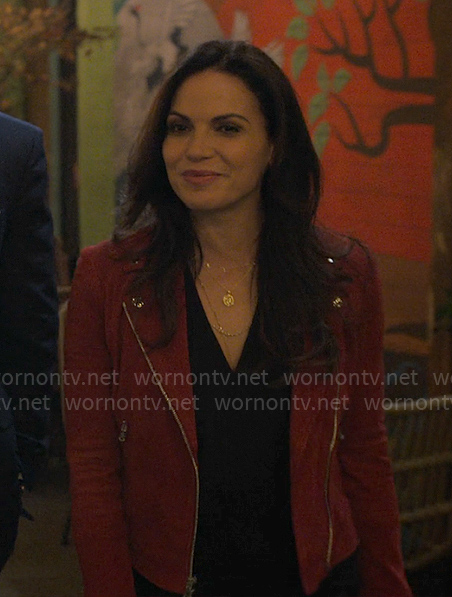 Lisa’s red suede moto jacket on The Lincoln Lawyer