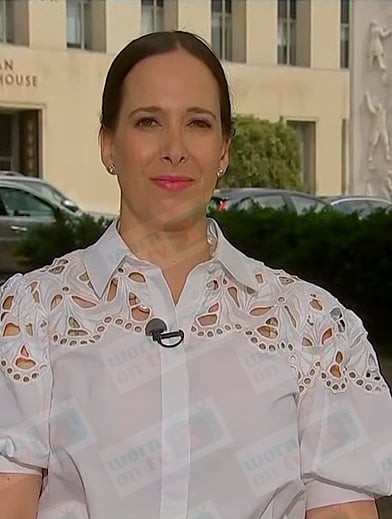 Lisa Rubin's white eyelet puff sleeve blouse on NBC News Daily