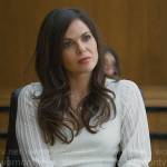 Lisa’s white v-neck top with sheer striped sleeves on The Lincoln Lawyer