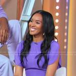 Lizzy Mathis’s purple ruched midi dress on Good Morning America