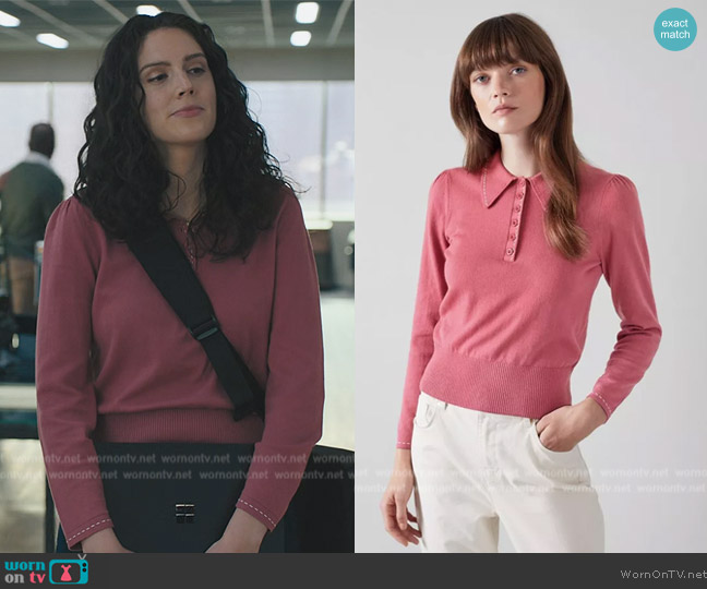 LK Bennett Liv Pink Cotton Merino Wool Collared Jumper worn by Eva Victor (Rian) on Billions