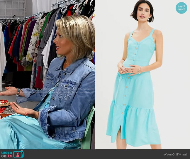 Loft Linen Blend Strappy Button Tiered Midi Dress in Aqua Glow worn by Dylan Dreyer on Today