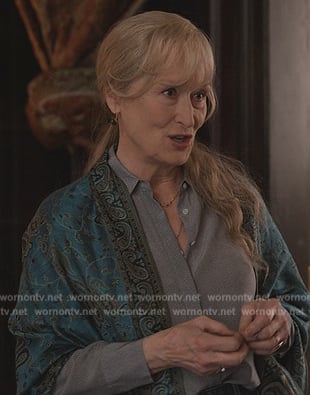 Lorretta's turquoise paisley print robe on Only Murders in the Building