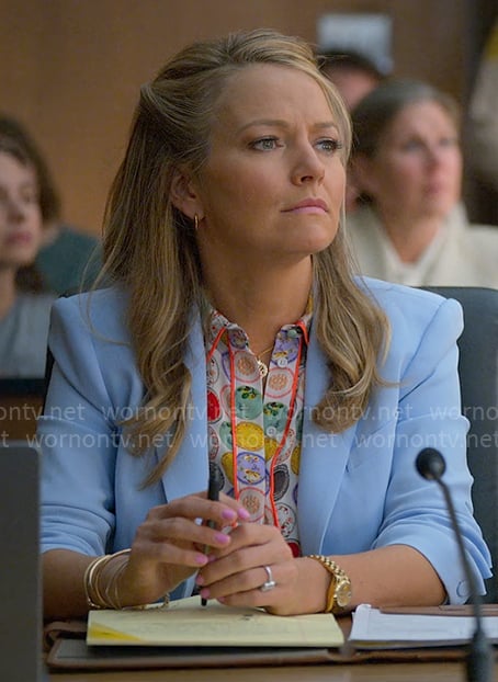 Lorna’s printed button down blouse and light blue blazer on The Lincoln Lawyer