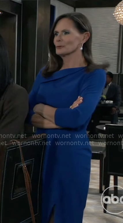 Lucy's blue folded neck sheath on General Hospital