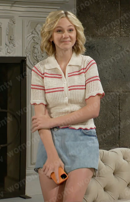 Lucy's crochet polo top with pink stripes on The Young and the Restless