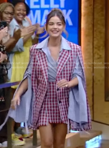 Lucy Hale’s check print layered jacket and skirt on Live with Kelly and Mark