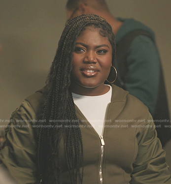 Lynae's green bomber jacket on The Chi