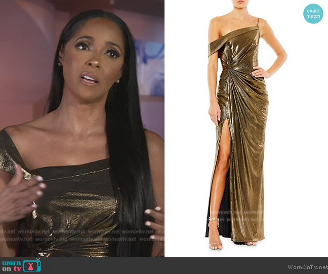 Mac Duggal Metallic Wrap Gown worn by Courtney on The Real Housewives of Atlanta