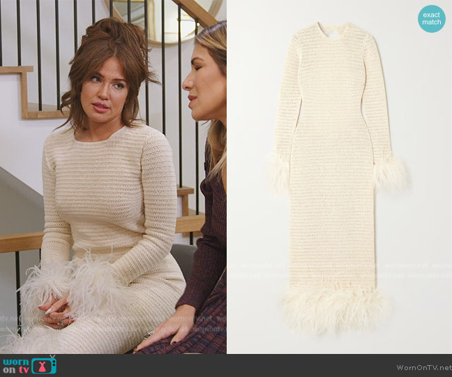 Magda Butrym Open-back feather-trimmed crocheted cotton-blend midi dress worn by Brynn Whitfield on The Real Housewives of New York City