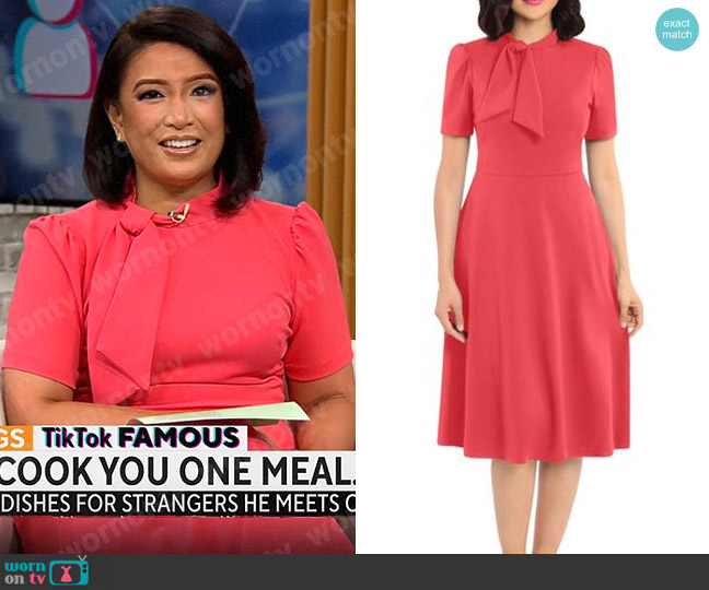 Maggy London Tie Neck Short Sleeve Crepe Dress worn by Elaine Quijano on CBS Mornings