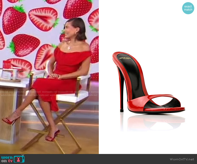 Maison Ernest Lidylle Patent Leather Sandal in Red worn by Hailey Bieber on Good Morning America