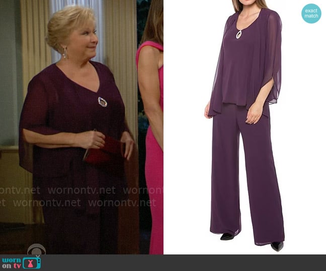 Marina Keyhole V-Neck Chiffon 3/4 Sleeve 3-Piece Pant Set in Eggplant worn by Traci Abbott (Beth Maitland) on The Young and the Restless