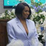 Marlo’s blue feather trim blazer on The Real Housewives of Atlanta