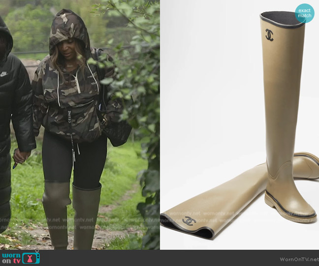 Chanel Over the Knee Khaki Rain Boots worn by Marlo Hampton on The Real Housewives of Atlanta