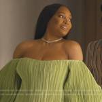 Marlo’s green off shoulder pleated mini dress on The Real Housewives of Atlanta