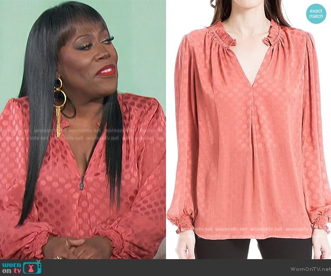 Max Studio Long Sleeve Jacquard Shine Dot Blouse worn by Sheryl Underwood on The Talk