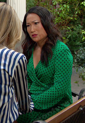 Melinda's green print wrap dress on Days of our Lives