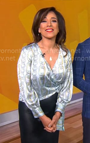 Michelle Miller’s chain print wrap blouse on CBS Mornings