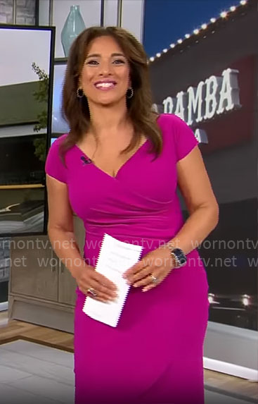 Michelle Miller's pink faux-wrap dress on CBS Mornings