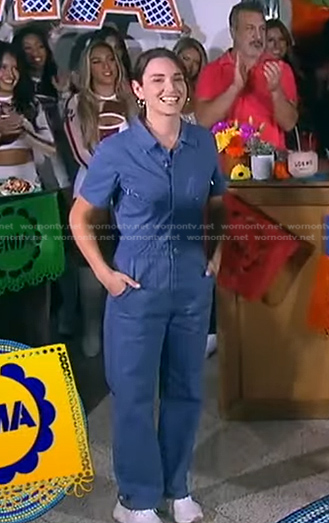 Mika Leon’s blue short sleeve denim jumpsuit on Good Morning America