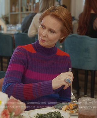 Miranda's purple stripe ribbed sweater on And Just Like That