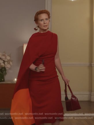 Miranda's red drape colorblock dress on And Just Like That