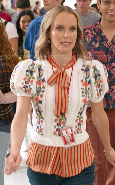 Miss Jenn's floral embroidered puff sleeve sweater on High School Musical The Musical The Series