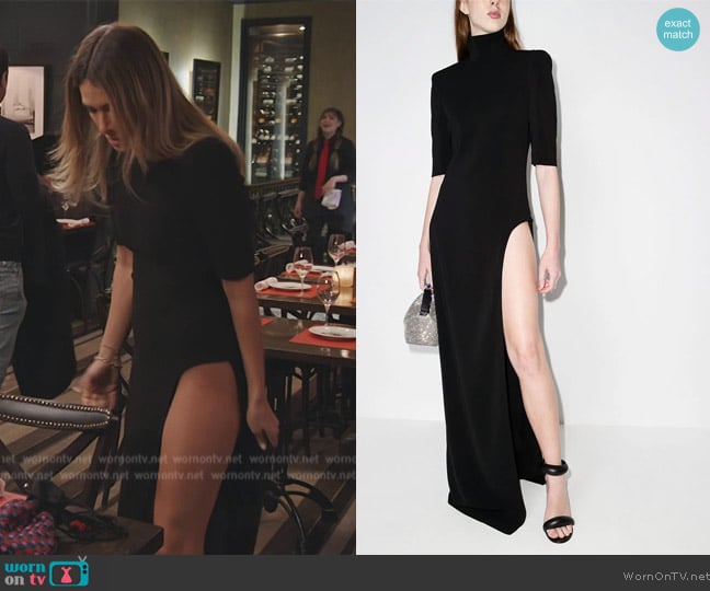 Monot high-neck side-slit dress worn by Erin Lichy on The Real Housewives of New York City