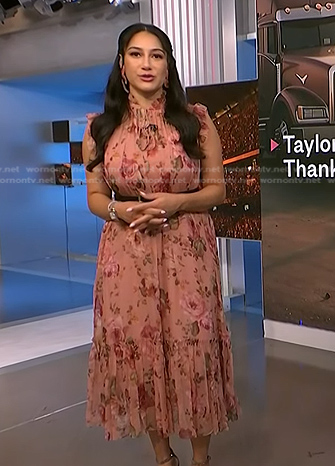 Morgan’s pink floral tie neck midi dress on NBC News Daily