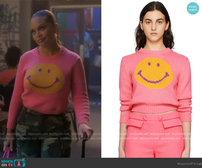 Moschino Pink Smiley Graphic Sweater worn by Latto (Latto) on Grown-ish