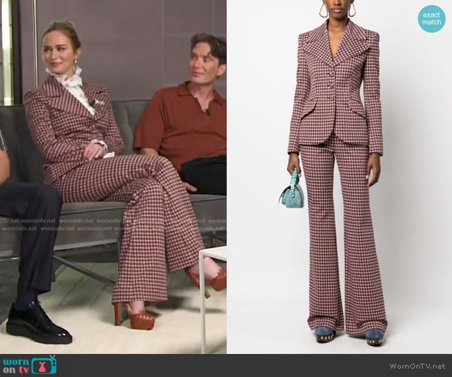 Moschino Graphic-Print Single-Breasted Blazer and Trousers worn by Emily Blunt on E! News