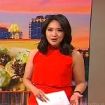 Nancy Chen’s red pleated sleeveless dress on CBS Mornings